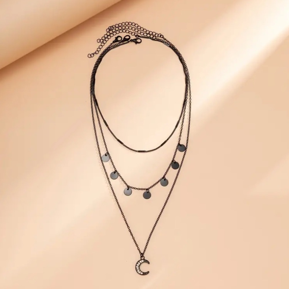 Edgy Black Diamond Crescent Moon Necklace Set - Picture 3 of 5
